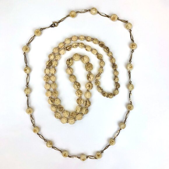 Vintage Bone Rose Boho Necklace Set (2) โ Hand-Carved Cabbage Roses, Silk Strand - Picture 3 of 11